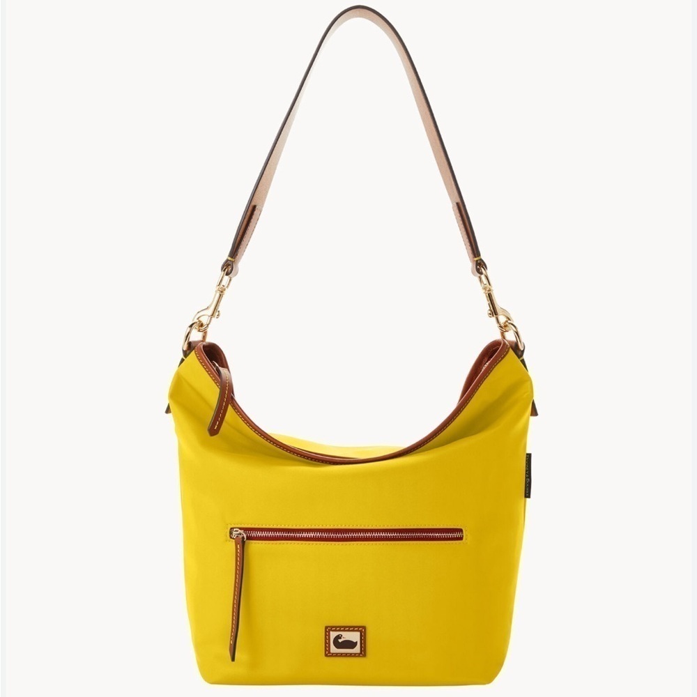 DOONEY AND BURKE Wayfarer Yellow, Tan Leather Trim and Red Zipper Hobo